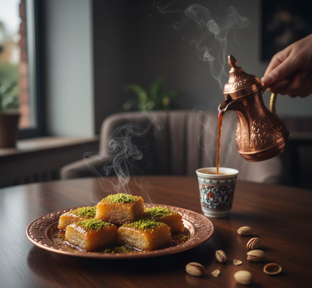 Frische Baklawa mit Pistazien und türkischer Kaffee wird eingeschenkt